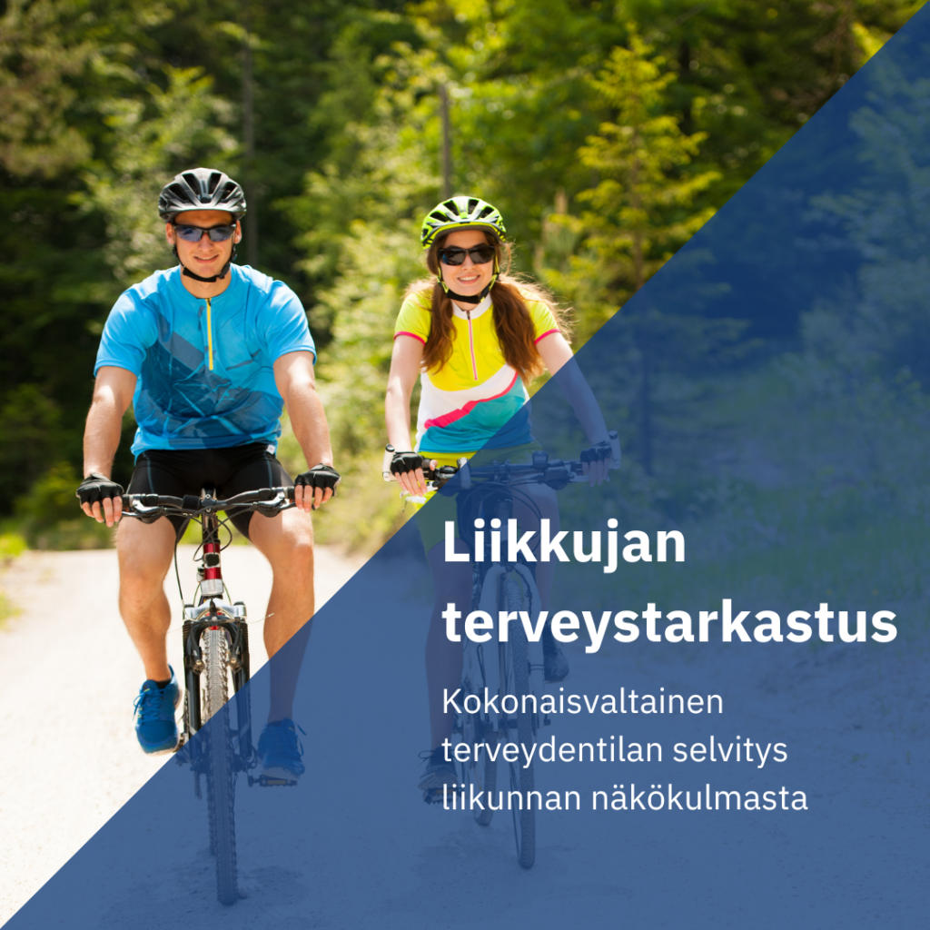 Kaksi liikunnan harrastajaa pyöräilemässä. Kuvassa teksti sinisen kolmion sisällä. Tekstin sisältö kerrotaan artikkelissa.